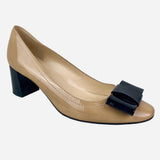 Tan and Black Patent Leather Bow Pumps