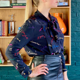 Black and Multicolored 'Pussy Bow' Silk Blouse