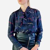 Black and Multicolored 'Pussy Bow' Silk Blouse