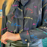 Black and Multicolored 'Pussy Bow' Silk Blouse