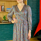 Multicolored Long Sleeve Silk Wrap Dress