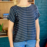 Navy-Blue Striped Short-Sleeve Blouse