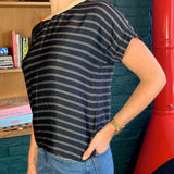 Navy-Blue Striped Short-Sleeve Blouse