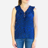 Blue and Black Silk Sleeveless V-Neck Blouse