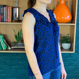 Blue and Black Silk Sleeveless V-Neck Blouse
