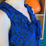 Blue and Black Silk Sleeveless V-Neck Blouse