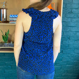 Blue and Black Silk Sleeveless V-Neck Blouse