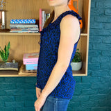 Blue and Black Silk Sleeveless V-Neck Blouse