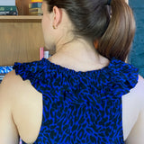 Blue and Black Silk Sleeveless V-Neck Blouse