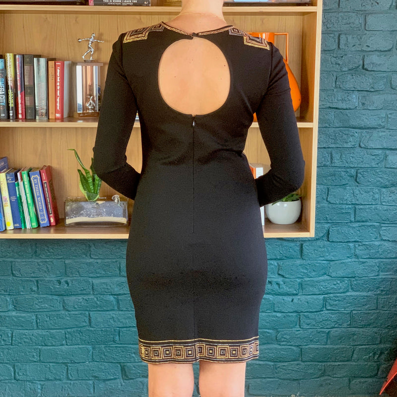 Black Long-Sleeve Embellished Knee-Length Dress