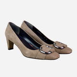 Taupe Square-Toe Low-Heeled Pumps