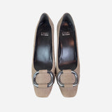 Taupe Square-Toe Low-Heeled Pumps