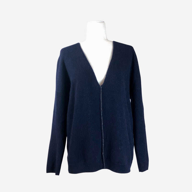 Dark-Blue V-Neck Long-Sleeve Cashmere Sweater