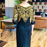 Black and Gold Beaded Embellished Long Sleeve Ankle-Length Dress
