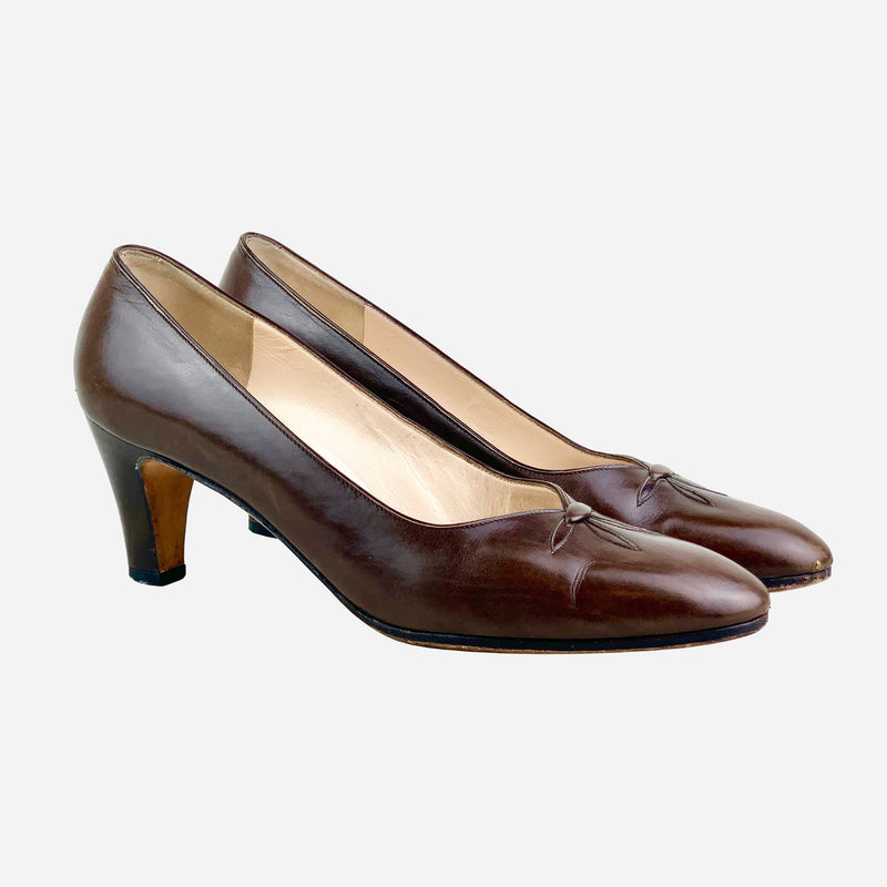 Brown Leather Semi-Pointed Toe Pumps