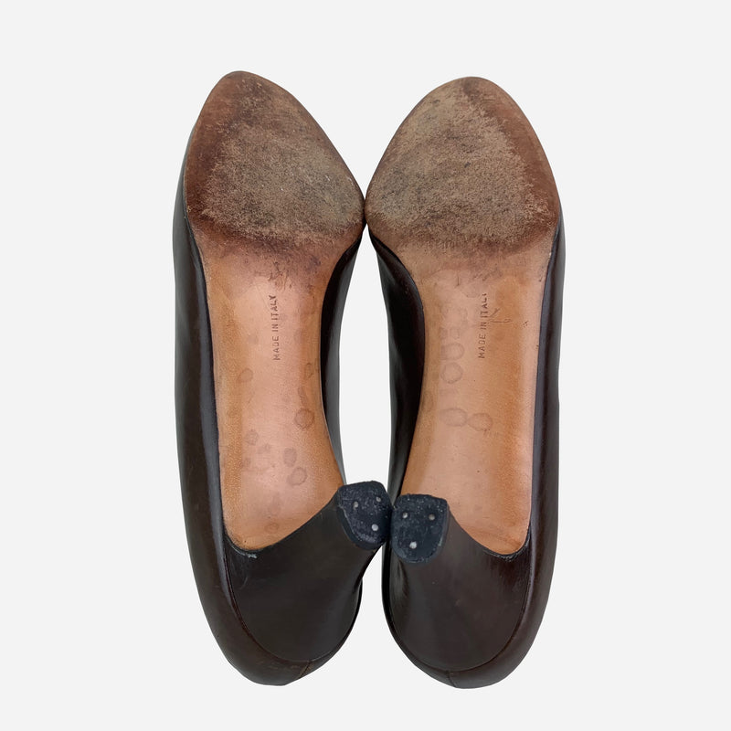 Brown Leather Semi-Pointed Toe Pumps