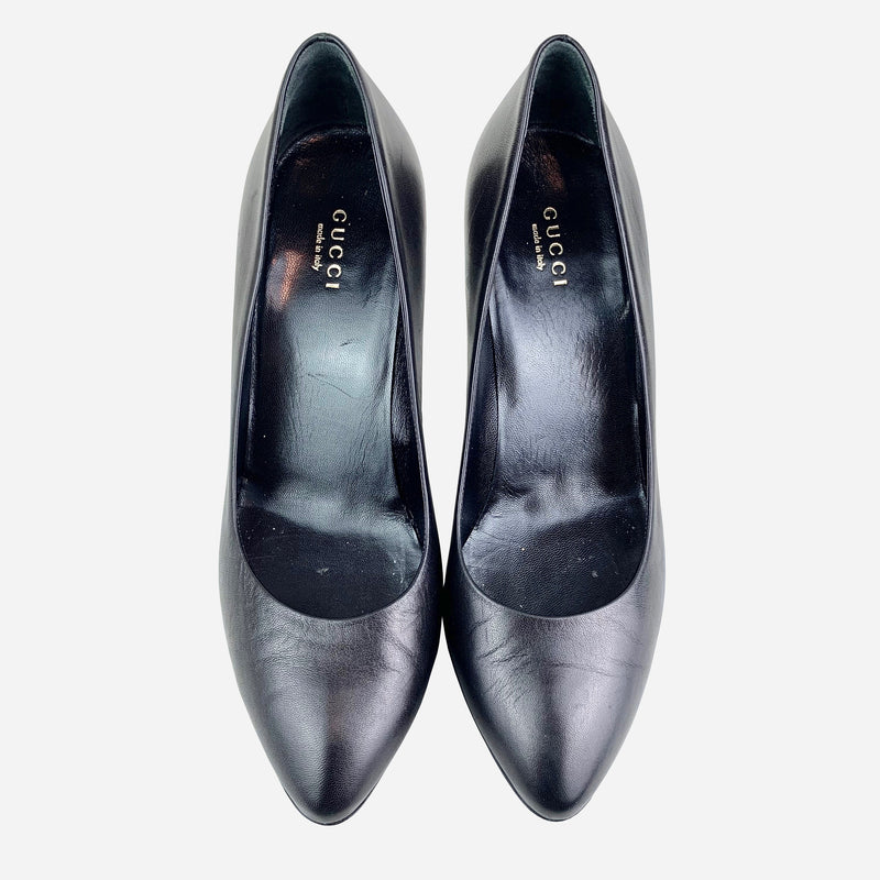 Black Leather Semi-Pointed Pumps