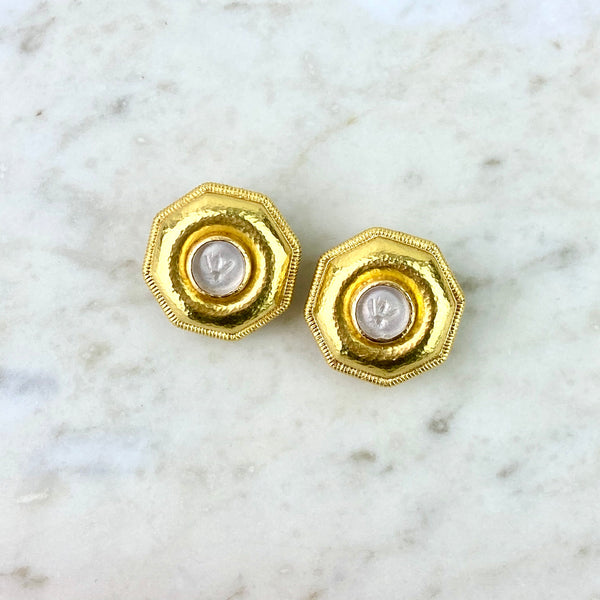 19K Yellow Gold and Intaglio Bee Ear Clip Earrings