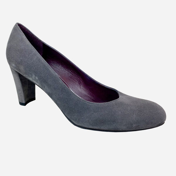 Gray Suede Round-Toe Low-Heeled Pumps