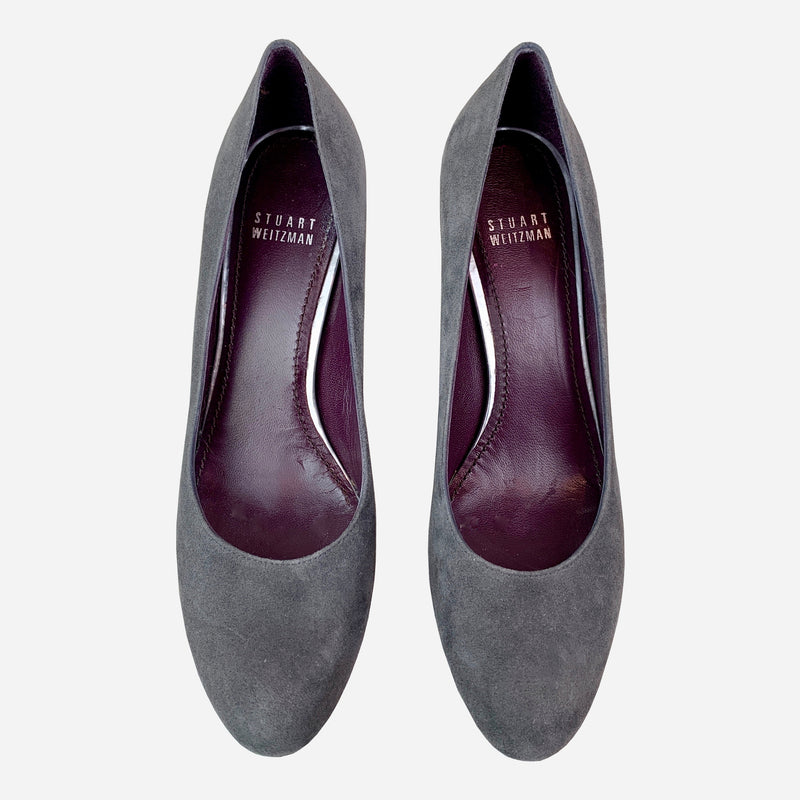 Gray Suede Round-Toe Low-Heeled Pumps
