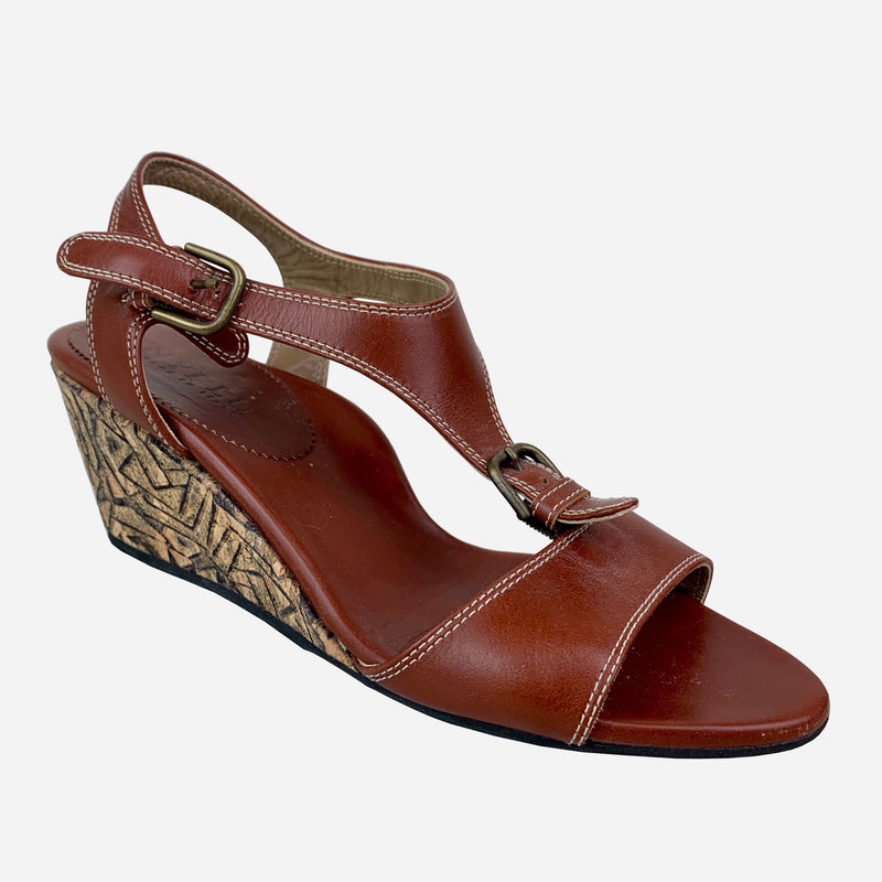 Brown Leather and Cork Embossed Sandals Wedges