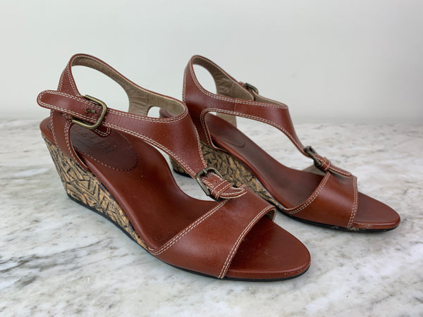 Brown Leather and Cork Embossed Sandals Wedges