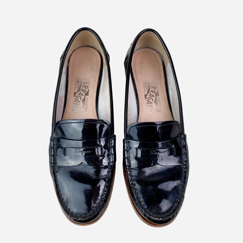 Black Patent Leather Round-Toe Loafers