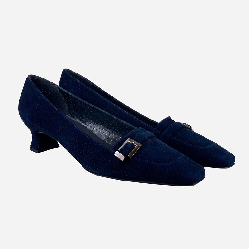 Navy-Blue Suede Square-Toe Low-Heeled Pumps