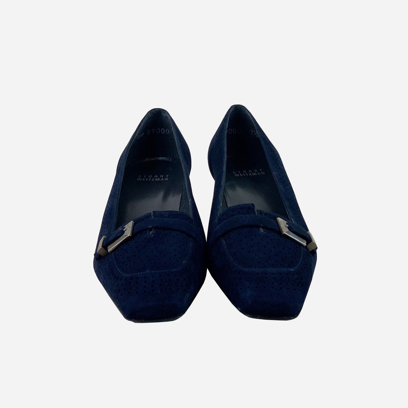 Navy-Blue Suede Square-Toe Low-Heeled Pumps