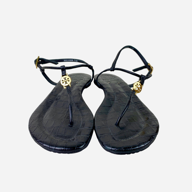 Black Embossed Leather Sandals