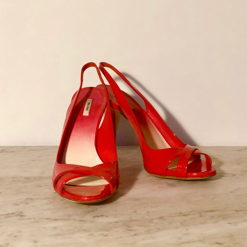 Coral Patent Leather Open-Toe Sling-Back Pumps