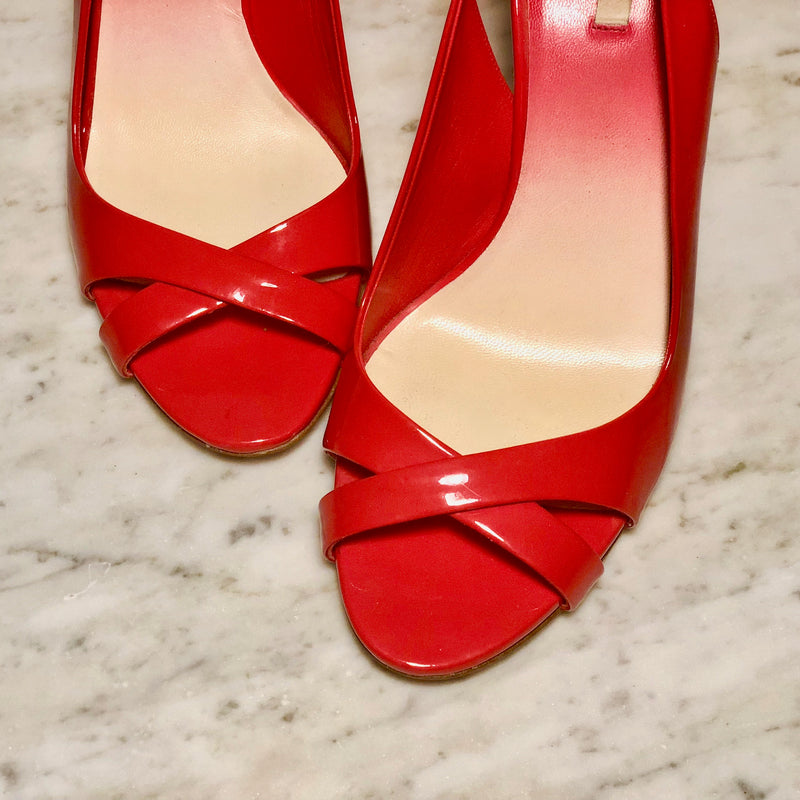 Coral Patent Leather Open-Toe Sling-Back Pumps