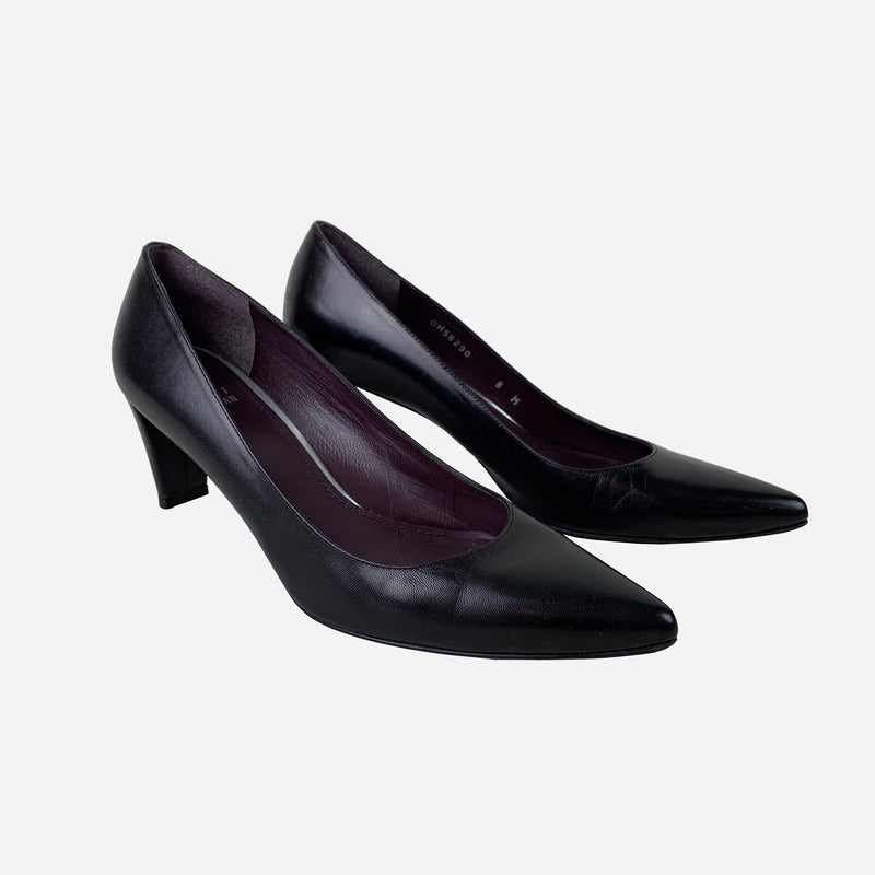 Black Leather Pointed-Toe Pumps