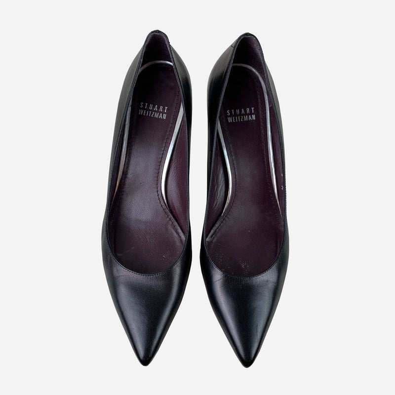 Black Leather Pointed-Toe Pumps