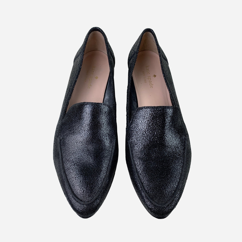Black Crackled Leather Semi-Pointed Loafers