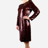 Burgundy Sequined Embellished Long Sleeve Dress