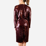 Burgundy Sequined Embellished Long Sleeve Dress