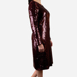 Burgundy Sequined Embellished Long Sleeve Dress