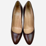 Brown Embossed Leather Round-Toe Pumps