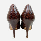 Brown Embossed Leather Round-Toe Pumps