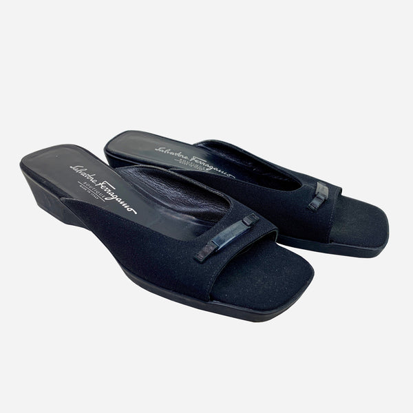 Black Canvas Square-Toe Slide Sandals