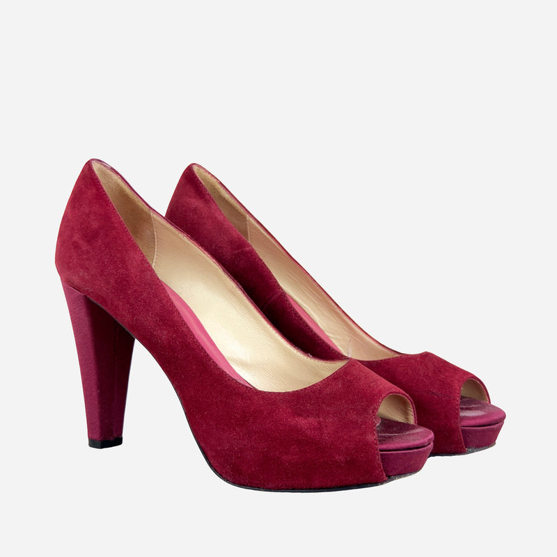 Red Suede Peep-Toe Hidden Platform Pumps