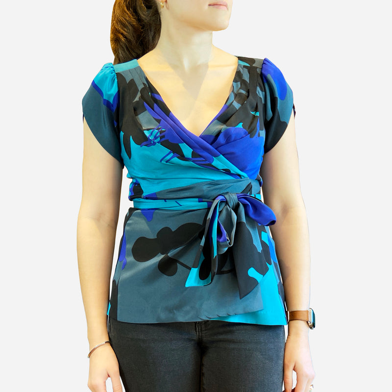 Blue Multicolor Short Sleeve Silk Wrap-Top