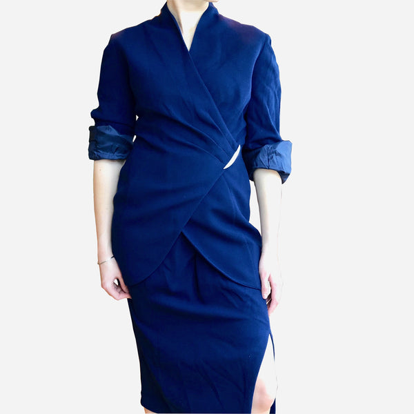 Navy-Blue Asymmetric Pleated Wrap Jacket Wool Skirt Suit