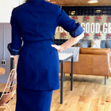 Navy-Blue Asymmetric Pleated Wrap Jacket Wool Skirt Suit