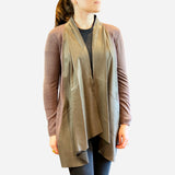 Brown Knit and Taupe Leather Trim Open-Front Cardigan
