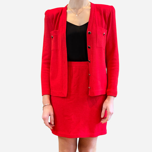 Red Knit Skirt Suit