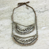 Gray Wood, Crystal, and Leather Multi-Strand Necklace