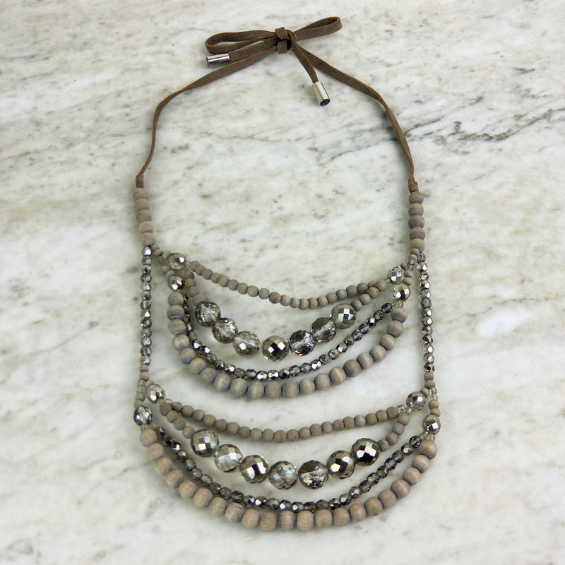 Gray Wood, Crystal, and Leather Multi-Strand Necklace