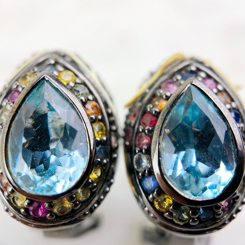 Sterling Silver, Topaz, and Multicolor Sapphire Ear Clips